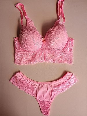 Lingerie conjunto de sutiã e calcinha com renda rosa com bojo e aro