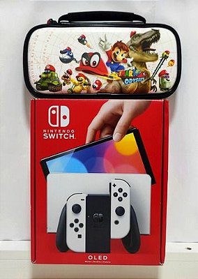 Nintendo Switch Oled Branco + Case Mario + Cartao De Memoria 128gb + Mario Kart 8 - Semi-Novo