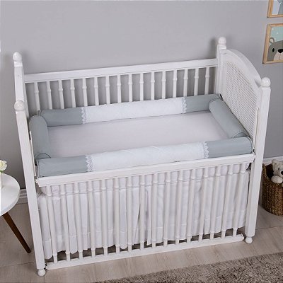 Kit Berço Bebê Guipir 100% Algodão Cinza Branco