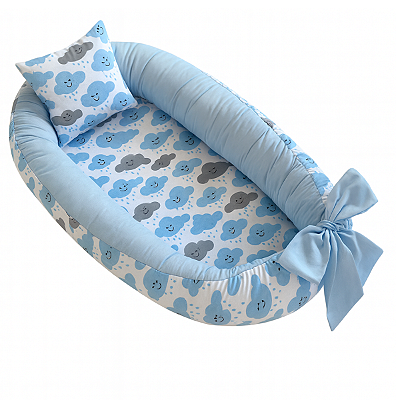 Ninho Para Bebê Redutor De Berço Pompom Nuvem Azul