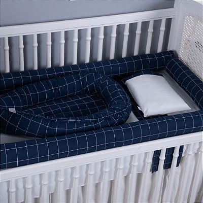 Kit Rolinho de Berço Bebê 100% Algodão Xadrez Marinho