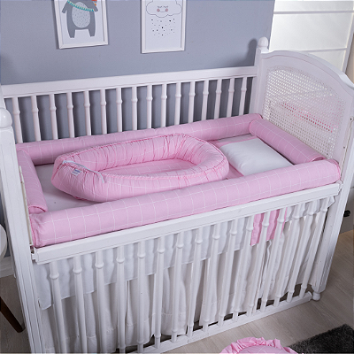 Kit Rolinho de Berço Bebê 100% Algodão Xadrez Rosa