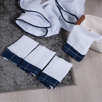 Kit 3 Fraldinhas de Boca e Ombro Estampado 100% Algodão Xadrez Marinho