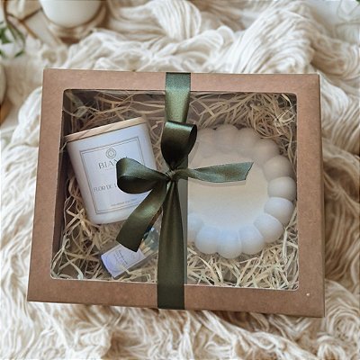 Kit presente | Vela aromática 190g frasco branco+bandeja bubble+fósforo ecológico