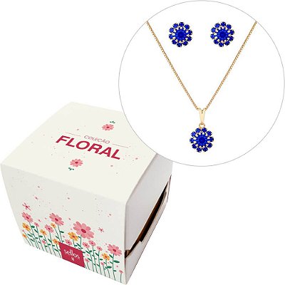 Caixinha Floral - Conjunto de Flor Azul Bic em Strass| Folheada a Ouro 18K