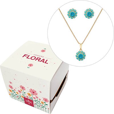 Caixinha Floral - Conjunto de Flor Azul Turquesa Strass| Folheada a Ouro 18K