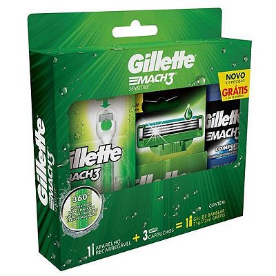 Kit Gillette Mach3 Aqua-Grip Sensitive + 2 Cargas + Espuma de Barbear Complete Defense 56 ml