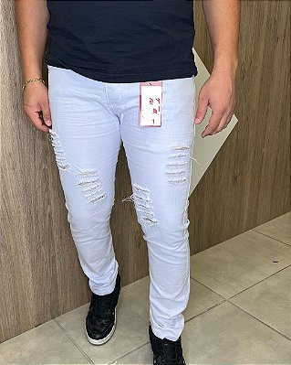 Calça Jeans Masculina Skinny Branca Com Destroyed