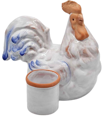 Galo com vaso do lado terracota azul e branco