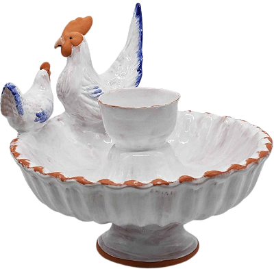 Fonte de galo e galinha terracota azul e branco