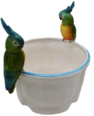 CACHEPOT CEREJA COM CASAL DE CALOPSITA COLORIDA