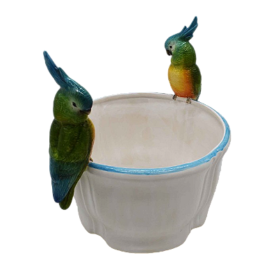 CACHEPOT CEREJA COM CASAL DE CALOPSITA COLORIDA