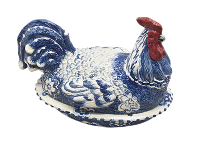 BOWL G DE GALO AZUL E BRANCO COM FLORES