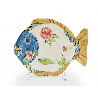Travessa de peixe floral com relevo e borda amarela