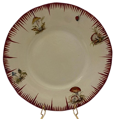 PRATO RASO AMASSADO PINCELADO VERMELHO E DESENHO DE COGUMELO