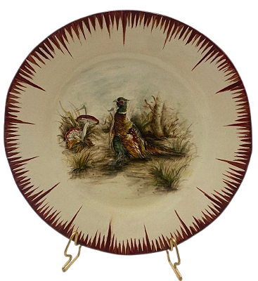 PRATO SOBREMESA AMASSADO PINCELADO VERMELHO E DESENHO DE FAISAO E COGUMELO