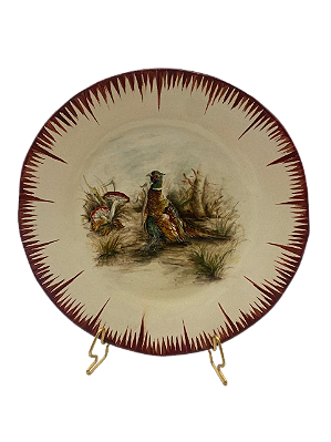 PRATO SOBREMESA AMASSADO PINCELADO VERMELHO E DESENHO DE FAISAO E COGUMELO