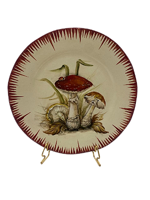 PRATO SOBREMESA AMASSADO PINCELADO VERMELHO E DESENHO DE COGUMELO