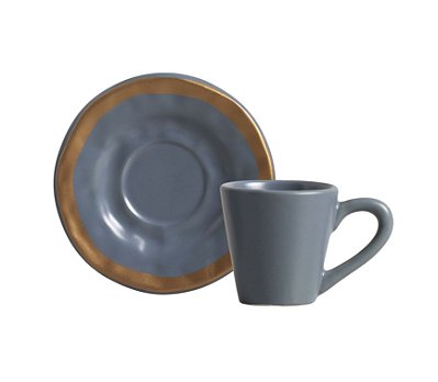 Xícaras de café azuis amassadas com filete dourado