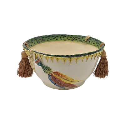 CACHEPOT SHABBY M COM RELEVO DE PENAS VERDES NA BORDA