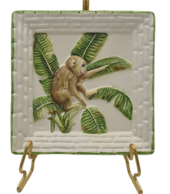 Mini cinzeiro quadrado com relevo bananeira e macaco sentado