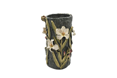 VASO TRONCO FINO COR VERDE E APLICAÇAO FLOR DE IRIS