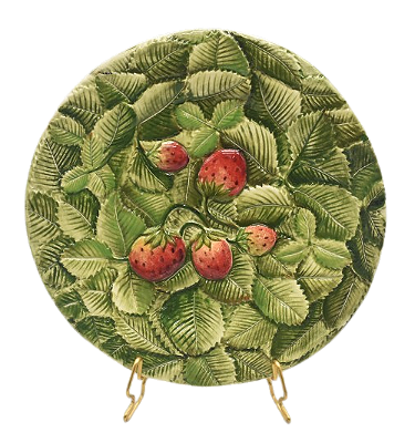 PRATO SOBREMESA COM RELEVO DE FOLHAS E MORANGO