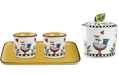 SET BANDEJA/2 COPOS ESPRESSO/ACUCAREIRO AMARELO COCORICO