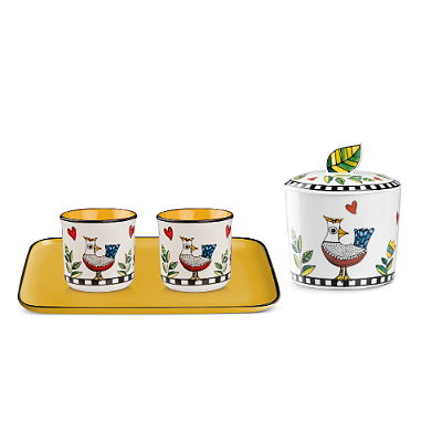 SET BANDEJA/2 COPOS ESPRESSO/ACUCAREIRO AMARELO COCORICO