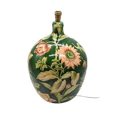 BASE DE ABAJUR COM FUNDO VERDE COM DESENHO DE FLORES E PÁSSAROS