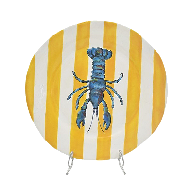 PRATO SOBREMESA COM DESENHO DE LAGOSTA E LISTRAS AMARELAS