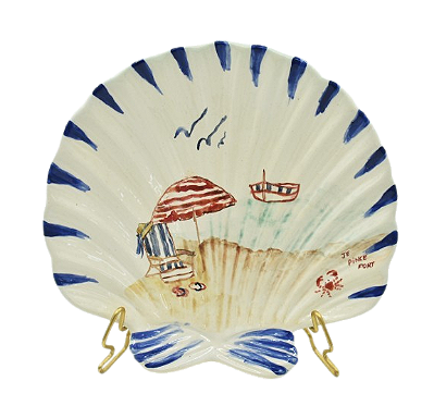 PRATO SOBREMESA DECORATIVO DE CONCHA COM CADEIRA PRAIA E GUARDA SOL