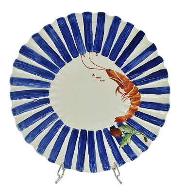 PRATO RASO MAR DECORATIVO COM LISTRA AZUL COM BORDA E CAMARÃO