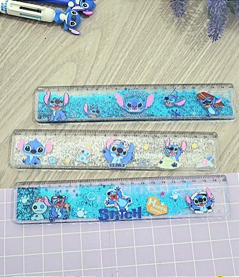 Régua Stitch com água e glitter brilho transparente, material escolar, papelaria, kawaii, 20cm