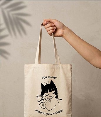 Sacola Ecobag Maomao "gelo, limão e veneno". 30x40cm, Algodão crú