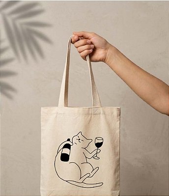 Sacola Ecobag gato + vinho. 30x40cm, Algodão crú