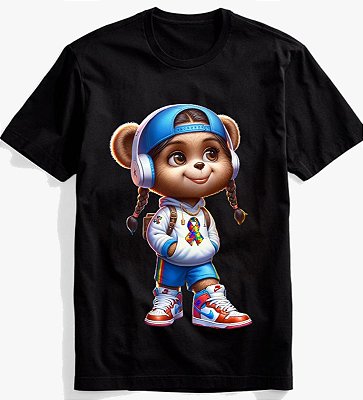 Camisa Autismo Preta Menina Urso 100% Algodão