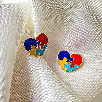 Brinco Folheado Ouro Coração Puzzle Quebra-cabeça Autismo