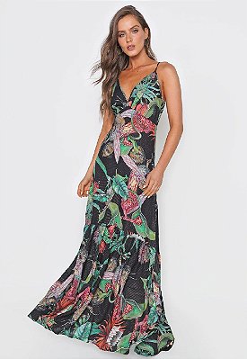 VESTIDO COLCCI LONGO FOLHAGEM - PRETO