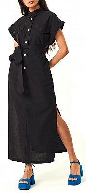 VESTIDO MIDI COLCCI COM BOTOES E CINTO - PRETO