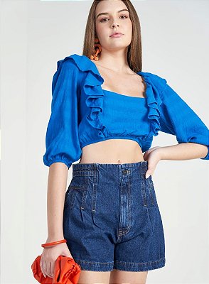 BLUSA COLCCI CROPPED COM BABADOS E MANGAS BUFANTES - AZUL BOUCHER