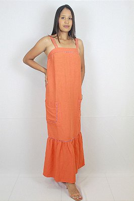 VESTIDO FORUM MIDI LINHO - LARANJA