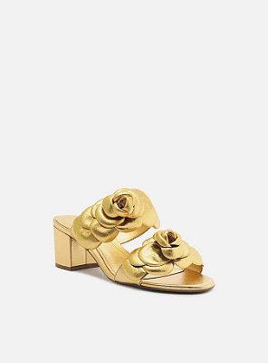 SANDÁLIA AREZZO SALTO BLOCO TIRAS FLORES- DOURADO