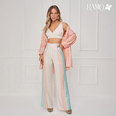 CALÇA RAMO SELVAGEM PANTALONA COM PREGA ESTAMPADA - BEGE