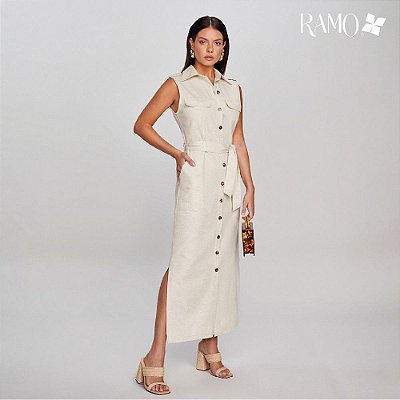 VESTIDO RAMO SELVAGEM LONGO SEM MANGA LINHO - NATURAL