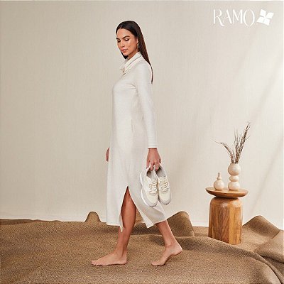 VESTIDO RAMO SELVAGEM MIDI COM GOLA - OFF WHITE