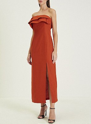 VESTIDO FORUM LINHO COM FENDA - LARANJA