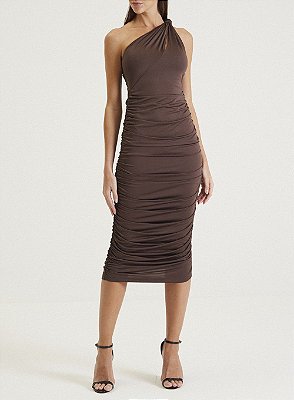 VESTIDO FORUM ASSIMÉTRICO MIDI DRAPEADO - MARROM STON