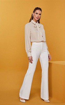 CAMISA RAMO SELVAGEM DE CREPE COM LACO BICOLOR -BEGE LATTE