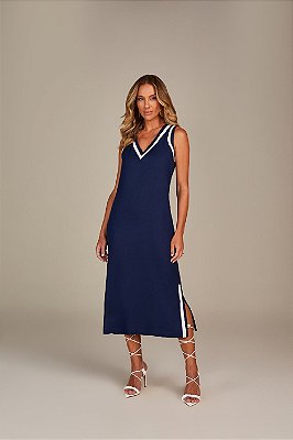 VESTIDO RAMO SELVAGEM SEM MANGA DETALHE BICOLOR - AZUL MARINHO